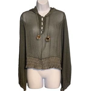 Favori Boho Blouse Top Sheer Polka Dot Jade Gray Suede Hood Fur Pom-Poms Medium
